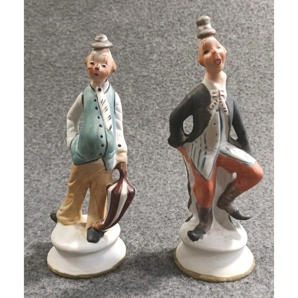 Vtg Artmark Porcelain Clown Figurines Set Of 2 Hand-Painted 6" Tall Stamp P5754